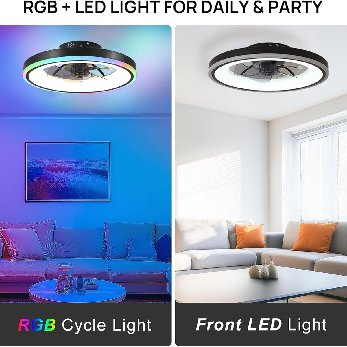 RGB Deckenventilator mit Beleuchtung, Leise Deckenlampe mit Ventilator mit Fernbedienung und APP, 6 Gang, 60W LED Deckenventilator mit Licht Dimmbar für Schlafzimmer, Wohnzimmer, 3000-6500k, 50cm
