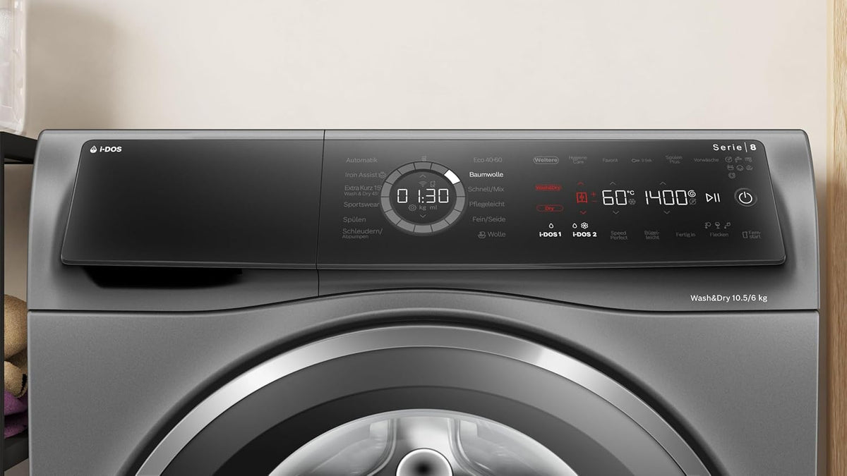 Bosch WNC254AS0, Serie 8, Smarter Waschtrockner, 10.5 kg Waschen  und  6 kg Trocknen, 1400 UpM, i-Dos intelligente Waschmittel-Dosierung, entfernt 16 Fleckenarten, IronAssist mit Dampffunktion, AutoDry
