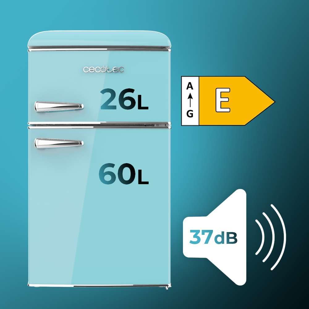 Cecotec Kleiner Kühlschrank - 2-türiger Kühlschrank - Retro 86L Bolero CoolMarket 2D Origin 86 Blue E. 89,3 cm Höhe und 48,7 cm Breite, Energieklasse E, Eisfach, Innenbeleuchtung und Chromgriff, Blau