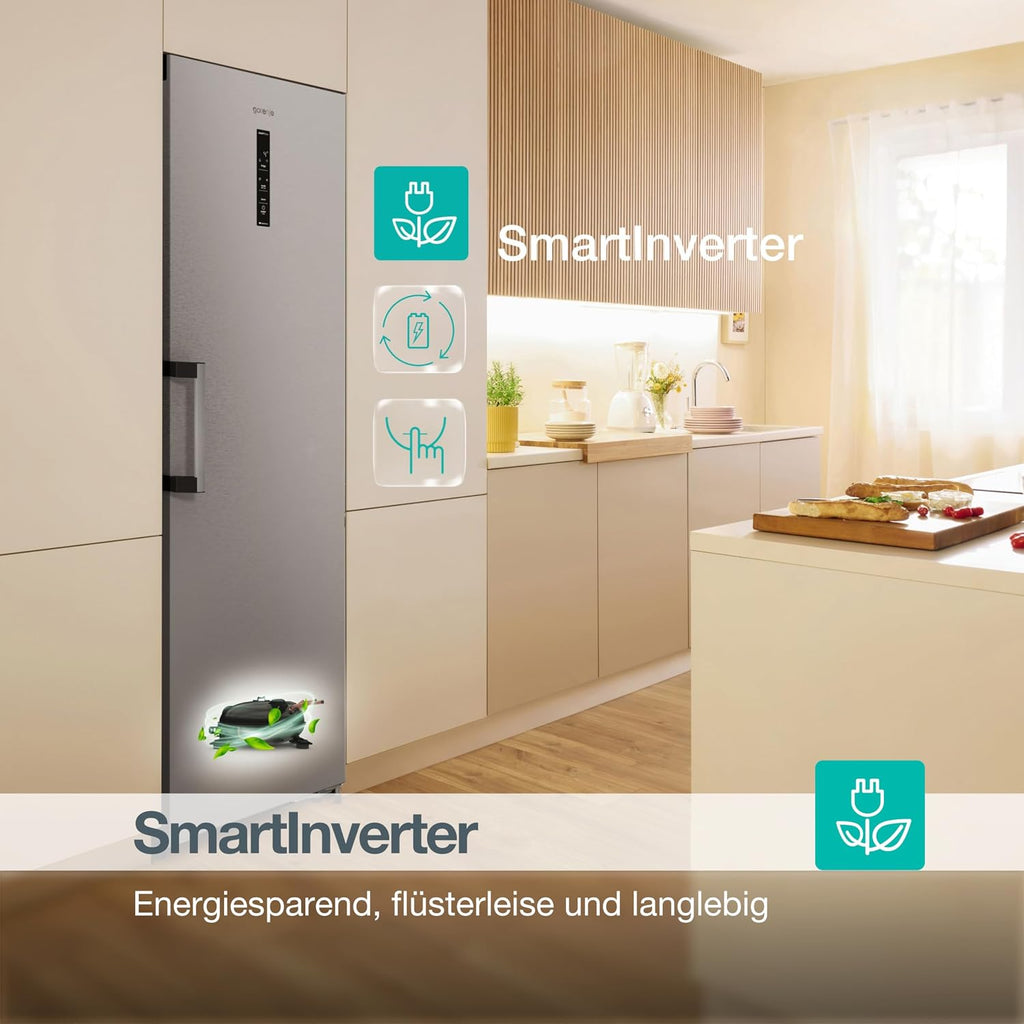 Gorenje RN618D6X6WF Kühlschrank, 372 Liter, SmartFit, 185cm Höhe, CrispZone mit Feuchteregler, Wifi, Flaschenhalter, Easy-open Griff, Inverter, BxHxT: 59,5×185,6×60 cm, Edelstahl