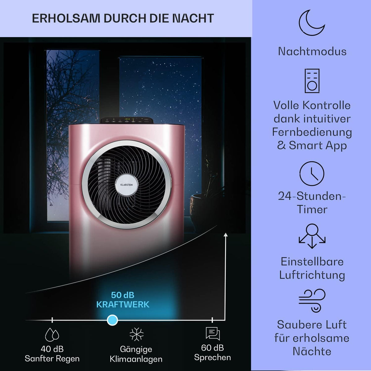 Klarstein Mobile Klimaanlage mit Abluftschlauch, 5-in-1 Klimagerät, Ventilator, Luftentfeuchter, Luftreiniger & Nachtmodus, App-Steuerung, Kleine & Portable für Wohnung & Büro, 12000 BTU
