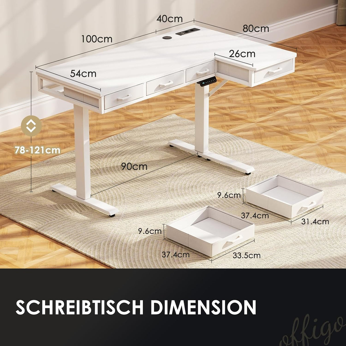 OffiGo Eckschreibtisch Höhenverstellbar, 140x80 cm Schreibtisch höhenverstellbar mit 4 Schublade, Elektrischer Tisch L Form mit Steckdose für Büro und Arbeitszimmer, Groß Ecktisch Weiß