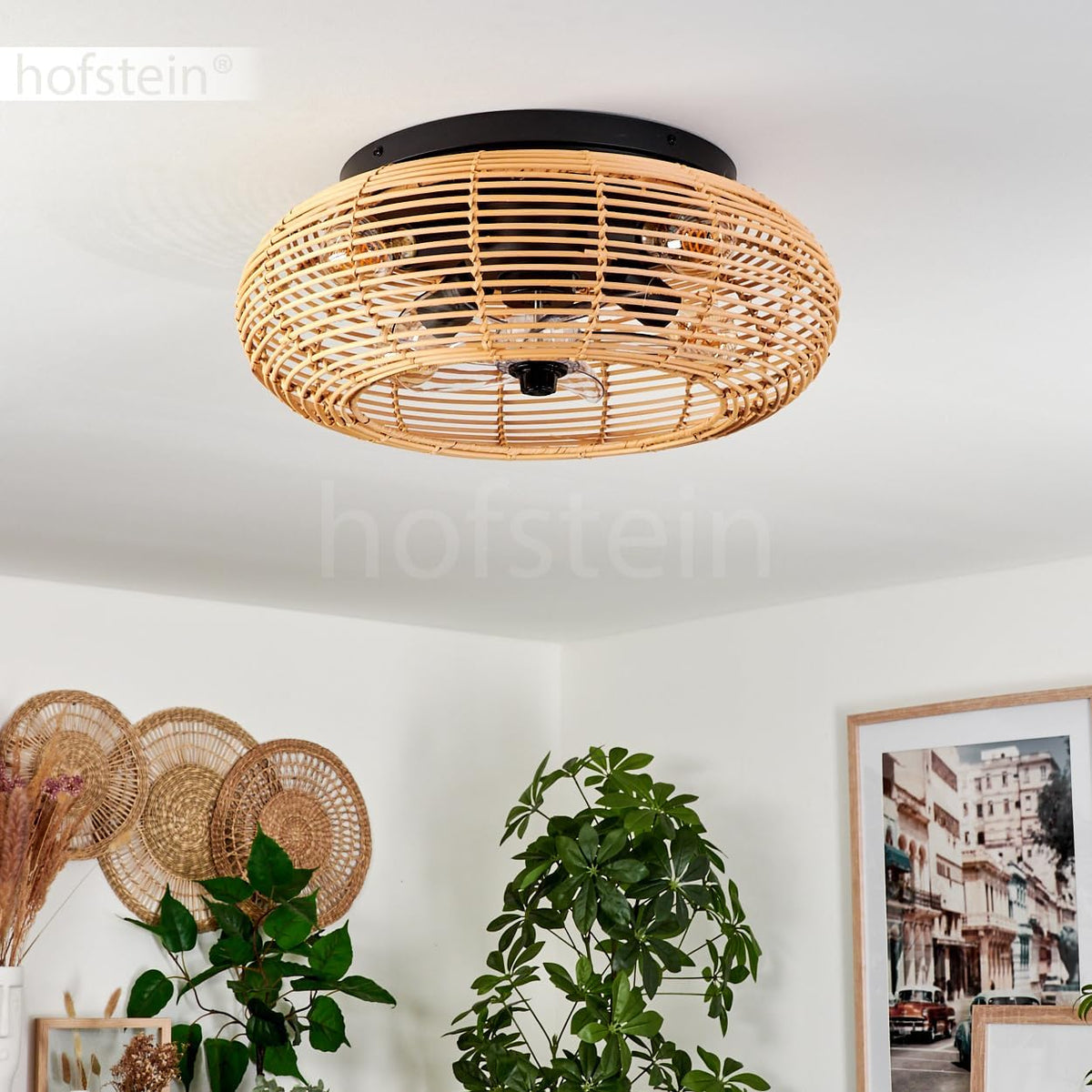 HOFSTEIN Deckenventilator Mulstrand, Ventilator aus Metall/Bambus in Schwarz/Natur mit Fernbedienung, Auf-/Abwind-Funktion u. Lichteffekt an der Decke, Deckenleuchte 4-flammig Ø 50cm, 4x E27, 3 Stufen