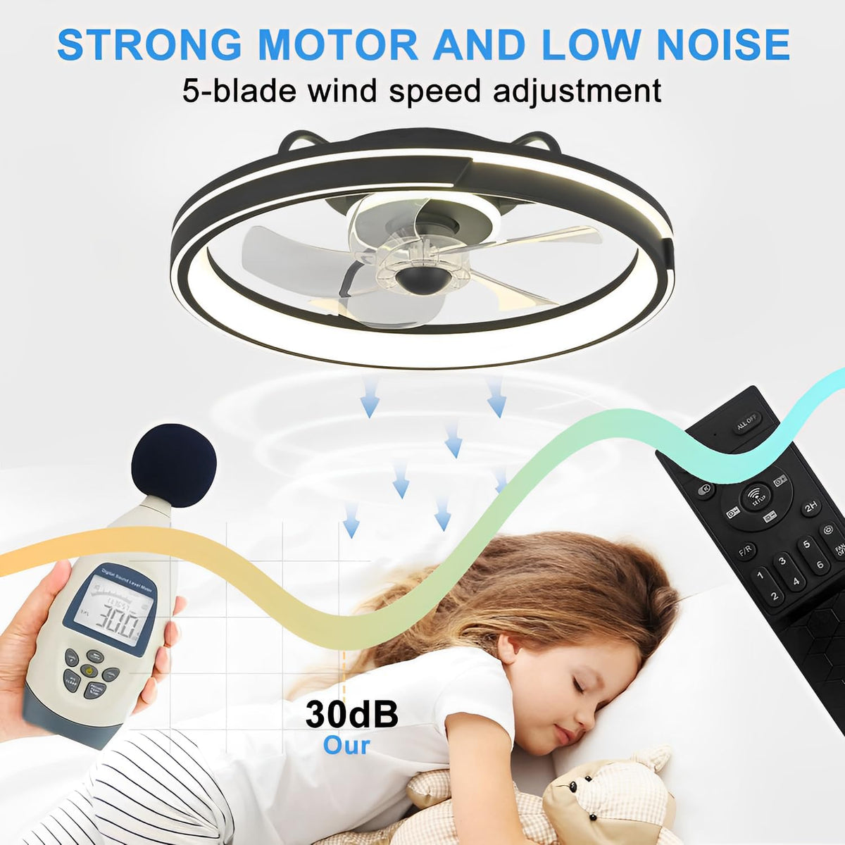 LED Deckenventilator mit Beleuchtung und Fernbedienung, Leise, 64W APP Dimmbare Deckenleuchte mit Ventilator, Umkehrbare 6-Speed Lampe mit Ventilator, 5 Lüfterflügel, Timer, (Schwarz)