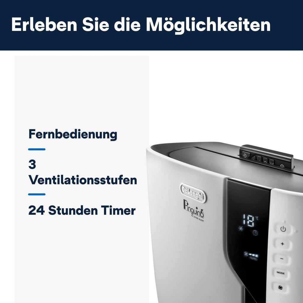 De'Longhi Pinguino PAC EX100 Silent mobiles Klimagerät mit Abluftschlauch, Klimaanlage für Räume bis 110 m³, Luftentfeuchter, Ventilationsfunktion, 24h-Timer, Weiß