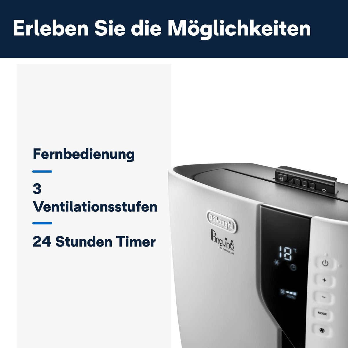 De'Longhi Pinguino PAC EX100 Silent mobiles Klimagerät mit Abluftschlauch, Klimaanlage für Räume bis 110 m³, Luftentfeuchter, Ventilationsfunktion, 24h-Timer, Weiß