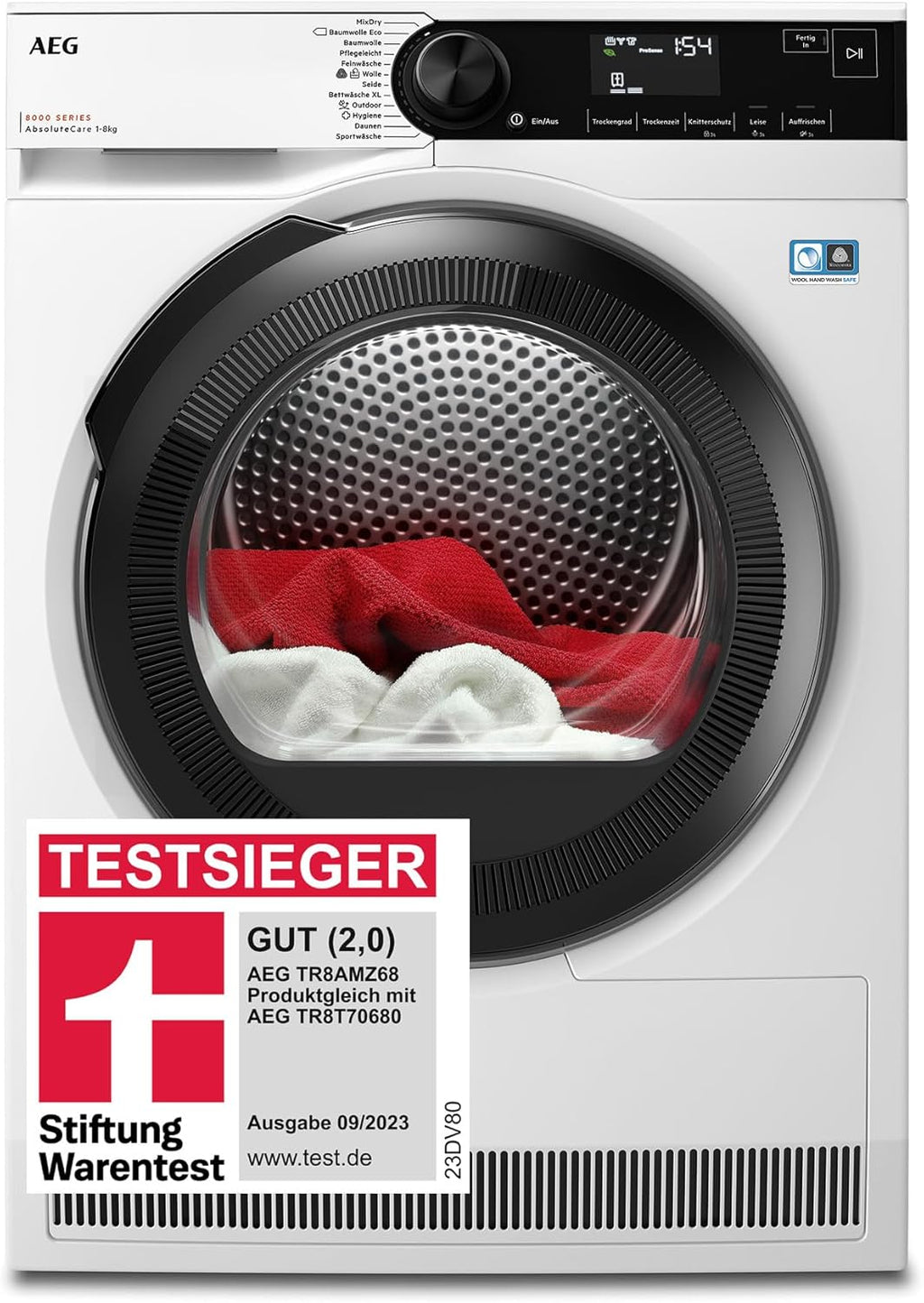 AEG Wärmepumpentrockner 8 kg, Testsieger der Stiftung Warentest, Serie 8000 AbsoluteCare - Wolle- und Seidetrocknung, C, Energiesparend, Trommelbeleuchtung, Knitterschutz, Schontrommel, TR8AMZ68