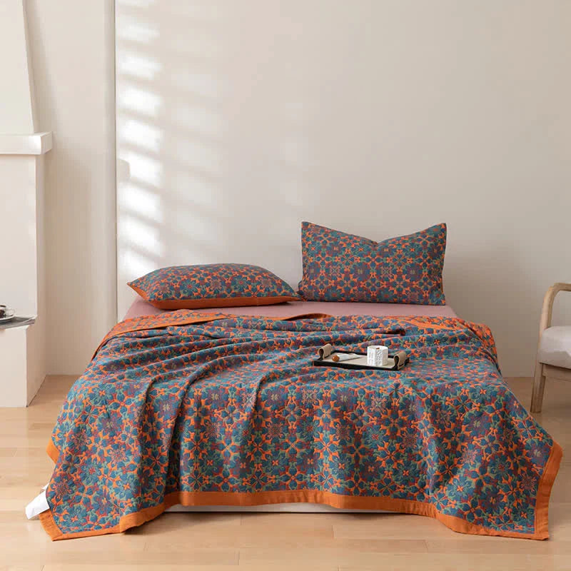 Blau Gemusterter Sechs-Lagen Baumwoll-Quilt – TerraLoom Komfortdecke