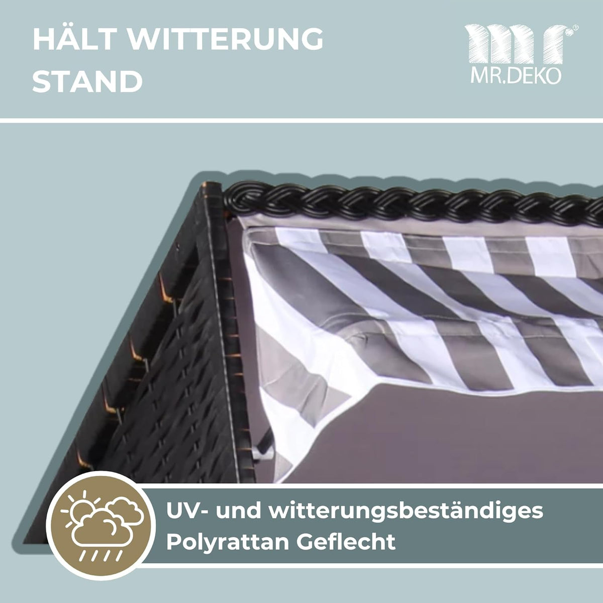 Strandkorb Ostsee Volllieger 2-Sitzer | PE Geflecht Schwarz Bezug Uni grau | inkl. 4 Kissen & Klapptisch | Strandstuhl verstellbar | Strandkörbe Hartholz Fußablage (Dessin Grau Weiß)