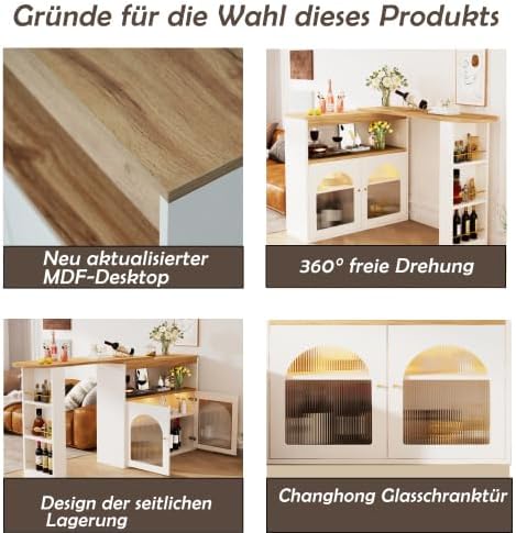 SogesHome Bartisch Esstisch Buffets Modern Ausziehbar Drehbar Bartisch Tisch Stehtisch Bistrotisch mit Stauraum und 1m langem LED Lichtstreifen für Esszimmer