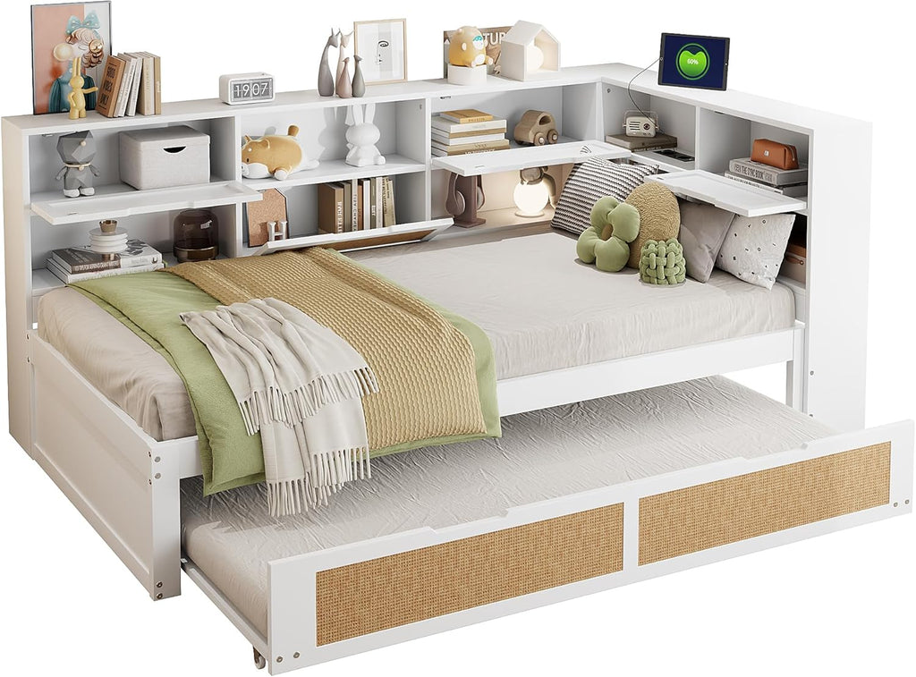 Tagesbett Schlafsofa 90x200, Holz Multifunktionsbett mit Ausziehbett 90x190 cm, USB-Steckdose und vielen Staufächern, Einzelbett Massivholzbett Kinderbett Daybett mit Lattenrost, Ohne Matratze, Weiß