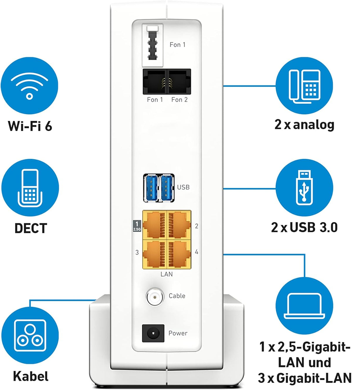 FRITZ!Box 6690 Cable | Router für einen Kabelanschluss (DOCSIS 3.1-Kabel-Modem, 4x4 Wi-Fi 6 (WLAN AX) mit 4.800 MBit/s (5 GHz) + 1.200 MBit/s (2,4 GHz), 1x 2,5-Gigabit-LAN-Anschluss, USB 3.0, DECT)