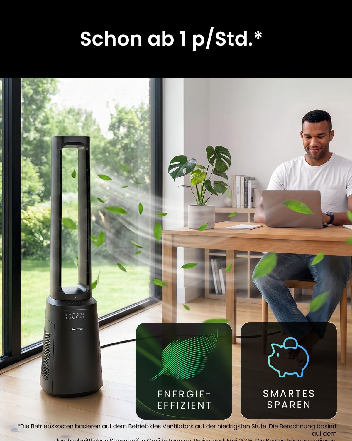 Pro Breeze OmniAir 105cm rotorloser Ventilator mit Luftreiniger - Smart Home Ventilator, WLAN, App, HEPA 13 Filter, 10 Geschwindigkeiten - Turmventilator sehr leise, 5 Modi, Auto 75° Oszillation