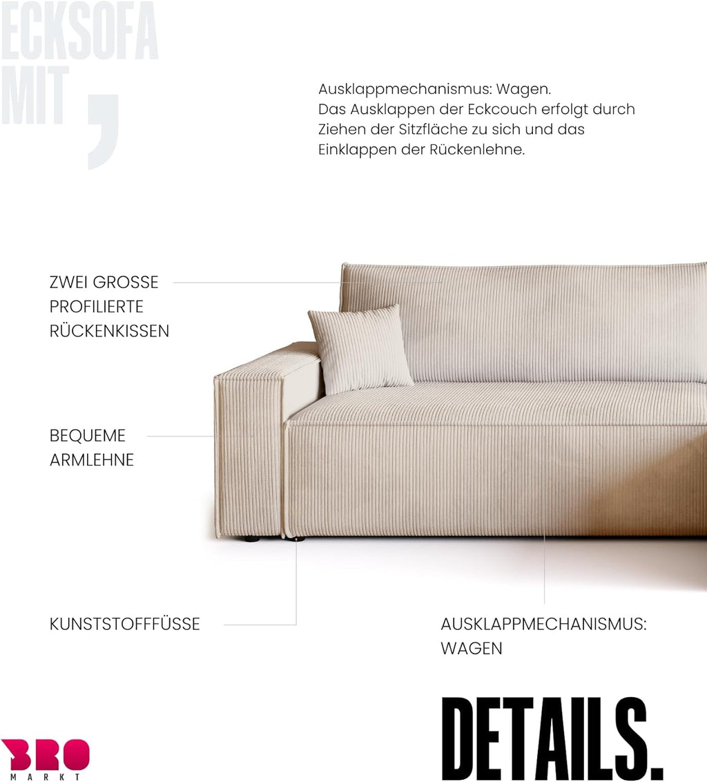 BROMARKT Sofa mit Schlaffunktion Couch L Cordstoff Sofa Bettkasten Schlafsofa für Wohnzimmer Ecksofa freistehend Adi XL Relaxsofa 3 sitzer 272x143x85 cm Vanilla