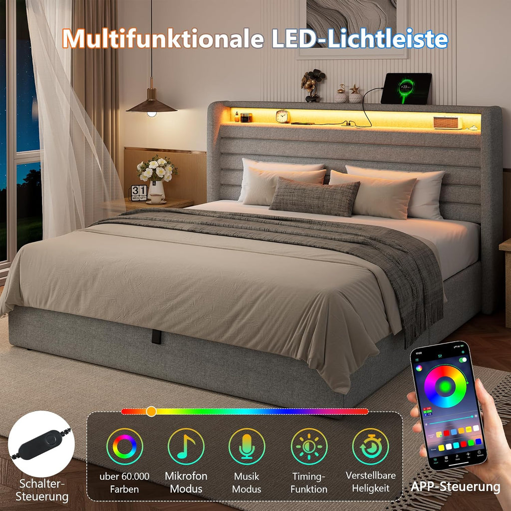 FEONASE Bett 180x200 mit Stauraum, Polsterbett 180x200 cm mit LED-Beleuchtung & Ladestation, Bettgestell mit Hydraulischem und Leinen Kopfteil Stauraum, Lattenrost, Ohne Matratze, Hellgrau