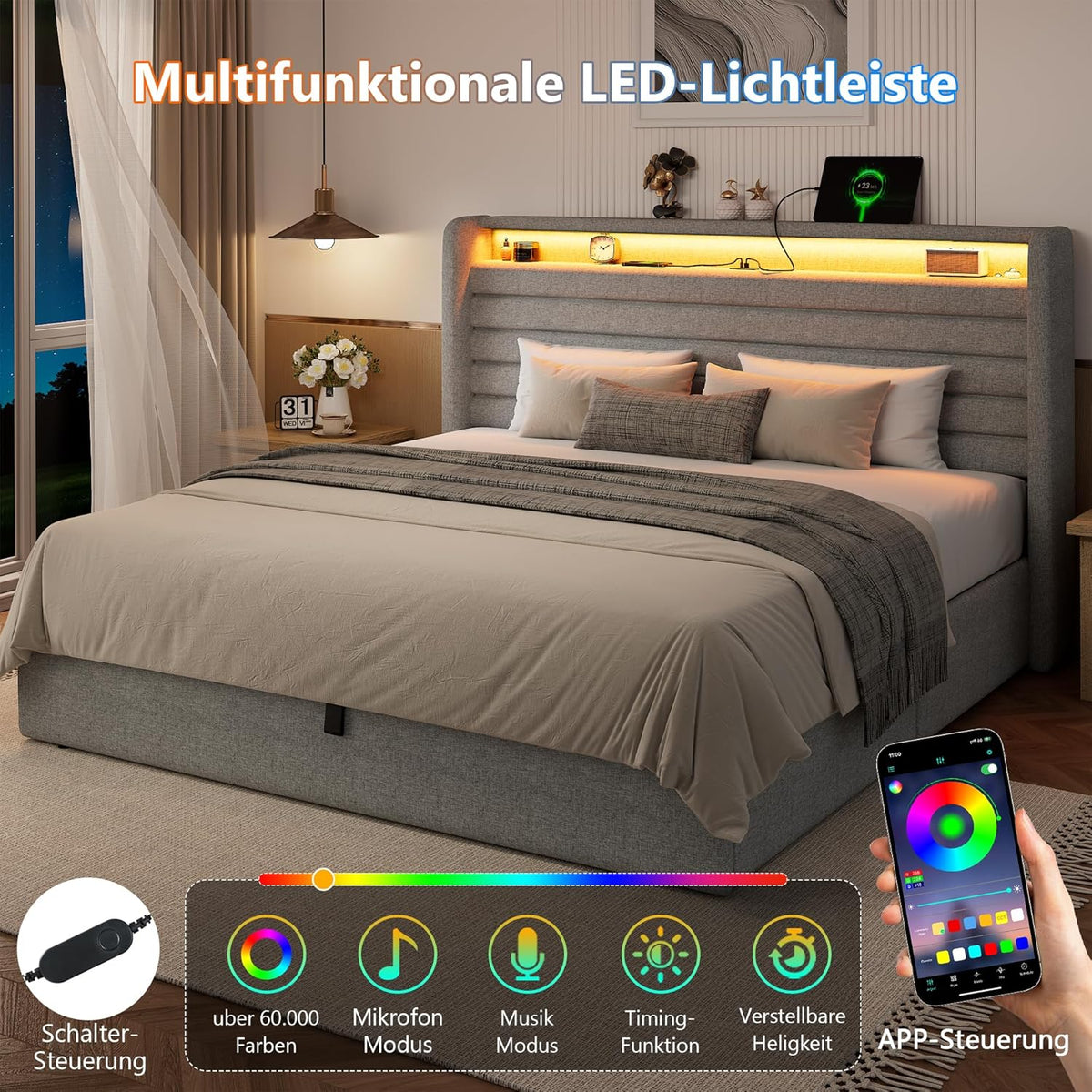 FEONASE Bett 180x200 mit Stauraum, Polsterbett 180x200 cm mit LED-Beleuchtung & Ladestation, Bettgestell mit Hydraulischem und Leinen Kopfteil Stauraum, Lattenrost, Ohne Matratze, Hellgrau