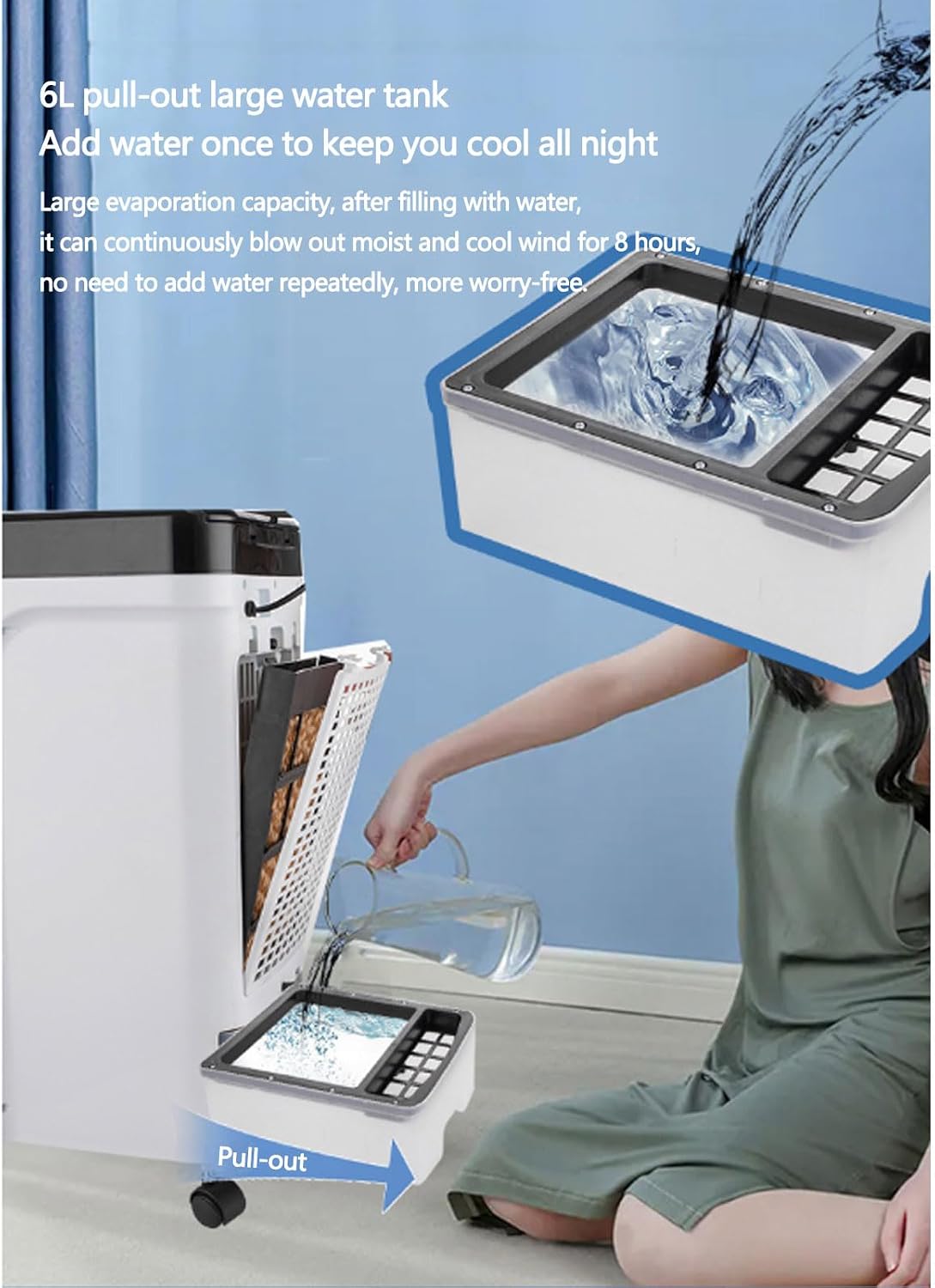 Klimaanlage mit Rädern Leiser Lüfter Luftbefeuchter Verdunstungskühler 2 Eiskristalle 6-Liter-Wassertank 3 Windgeschwindigkeiten für Schlafzimmer, Wohnheim, Küche, Büro
