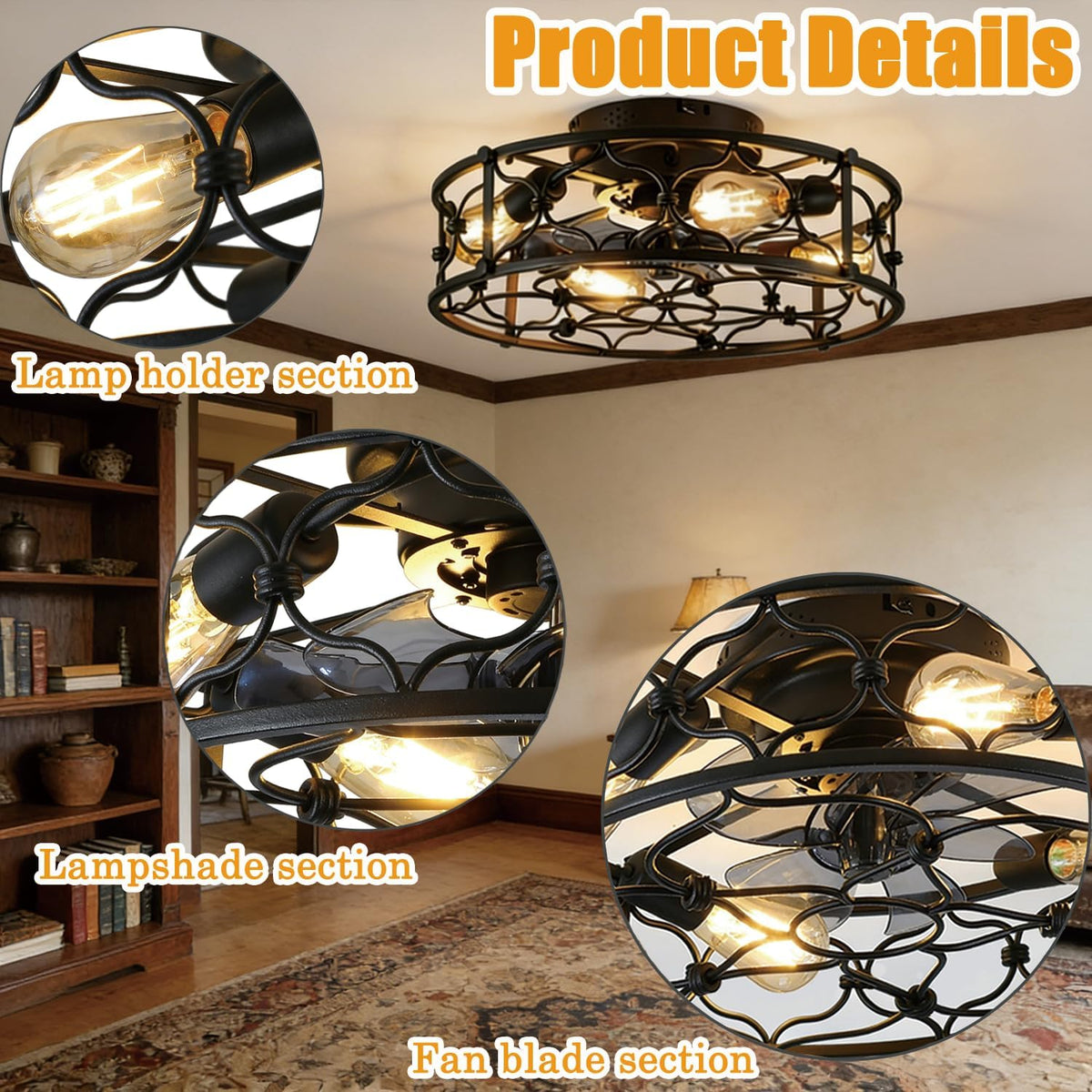 Deckenventilator Mit Beleuchtung, 50cm Retro Industrial Stil Deckenventilatoren mit Lichtern, E27 mit Fernbedienung, 6 Geschwindigkeiten Ventilator Deckenleuchte, Für Wohnzimmer Schlafzimmer