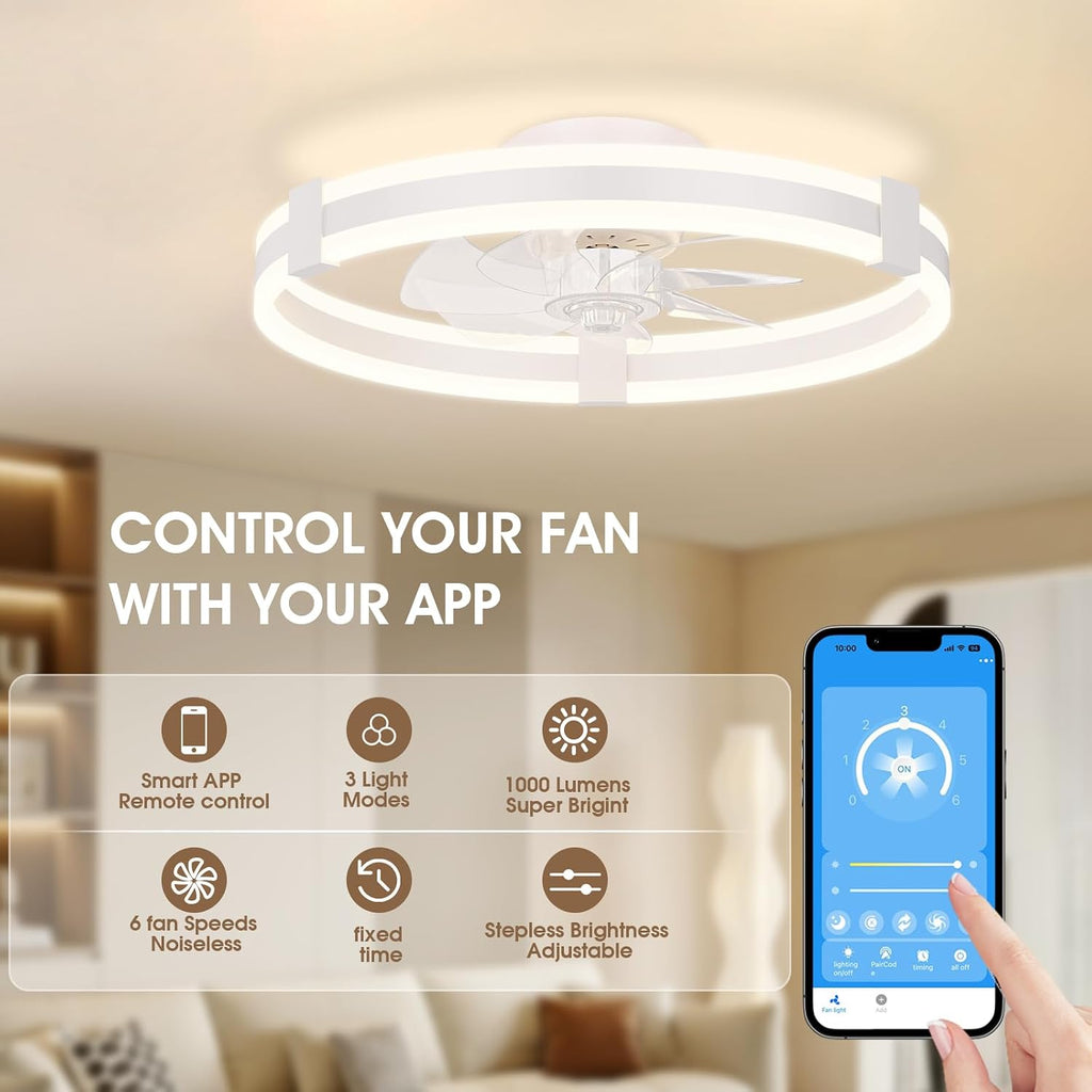NIORSUN Ventilator Deckenleuchte,50CM LED Deckenventilator mit Beleuchtung,3 Farbtemperatur und 6 Geschwindigkeiten Deckenventilator mit Lampe,APP/Fernbedienung Dimmbar Ventilator Deckenlampe Weiß