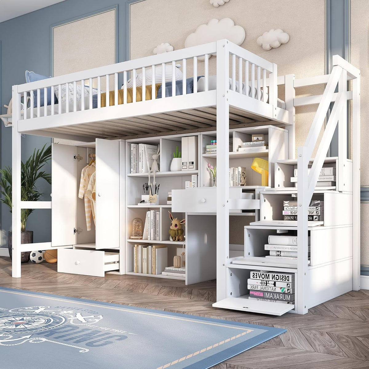 Kinderbett Etagenbett 90x200, Hochbett mit Kleiderschrank&Schließfächern&Schubladen&Schreibtisch&Treppe, Einzelbett Holzbett Jugendbett mit Lattenrost&Rausfallschutz, Massivholz, Ohne Matratze, Weiß