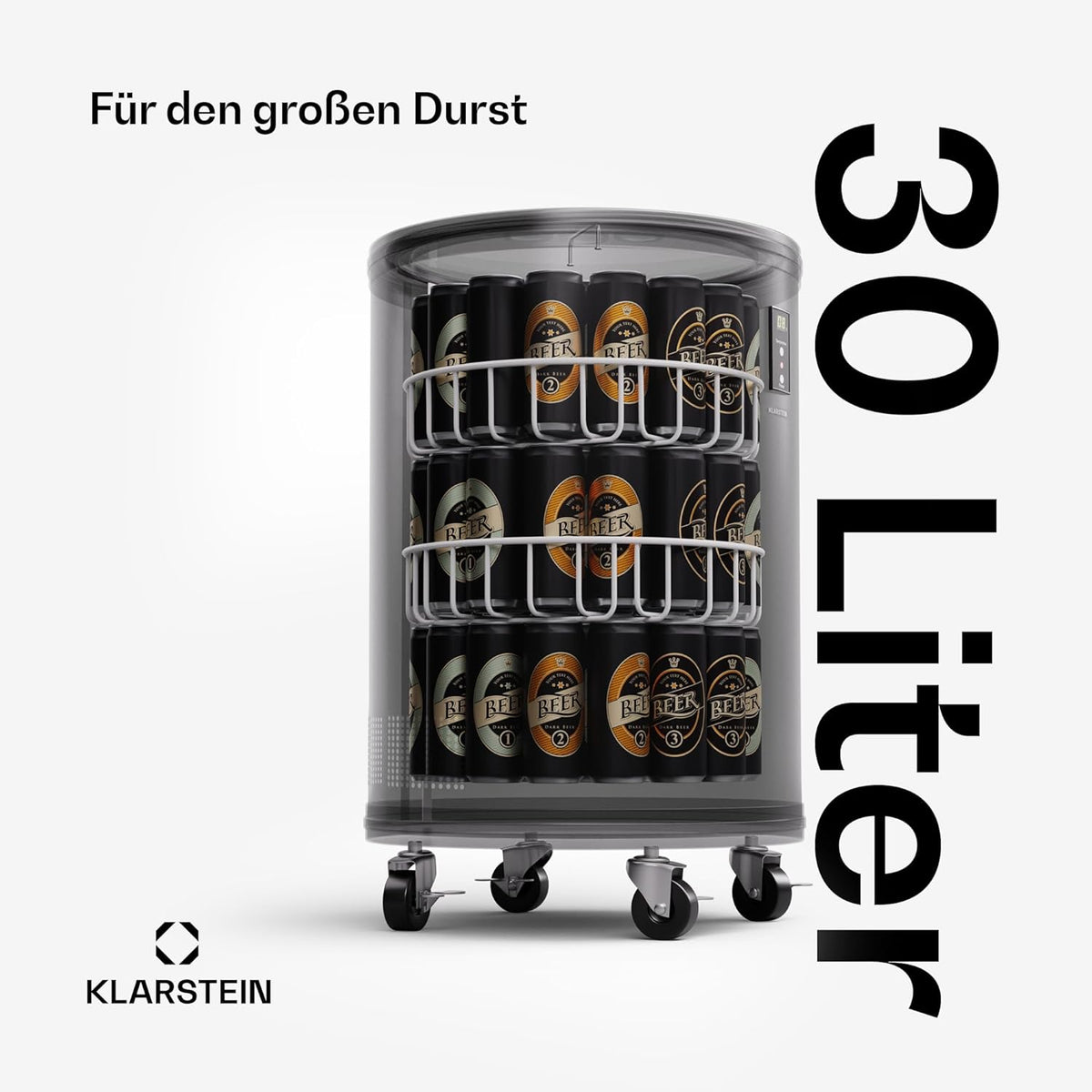 Klarstein Beersafe L Mini-Kühlschrank mit LED Display, Leiser Edelstahl-Kühlschrank, Indoor/Outdoor Getränkekühlschrank, Weinkühlschrank für Getränke, 30L Kühlschrank mit 360° Sicht, 0-16°C