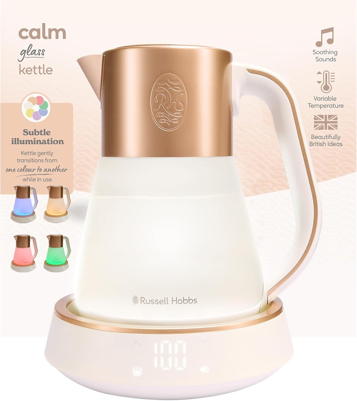 Russell Hobbs Wasserkocher Glas [1,7L, Temperatureinstellung 40-100°] Calm (LED-Beleuchtung, beruhigende Klänge, Leise-Koch-Technologie,Warmhaltefunktion,Digitaldisplay,Touch-Bedienung,2400W) 27450-70