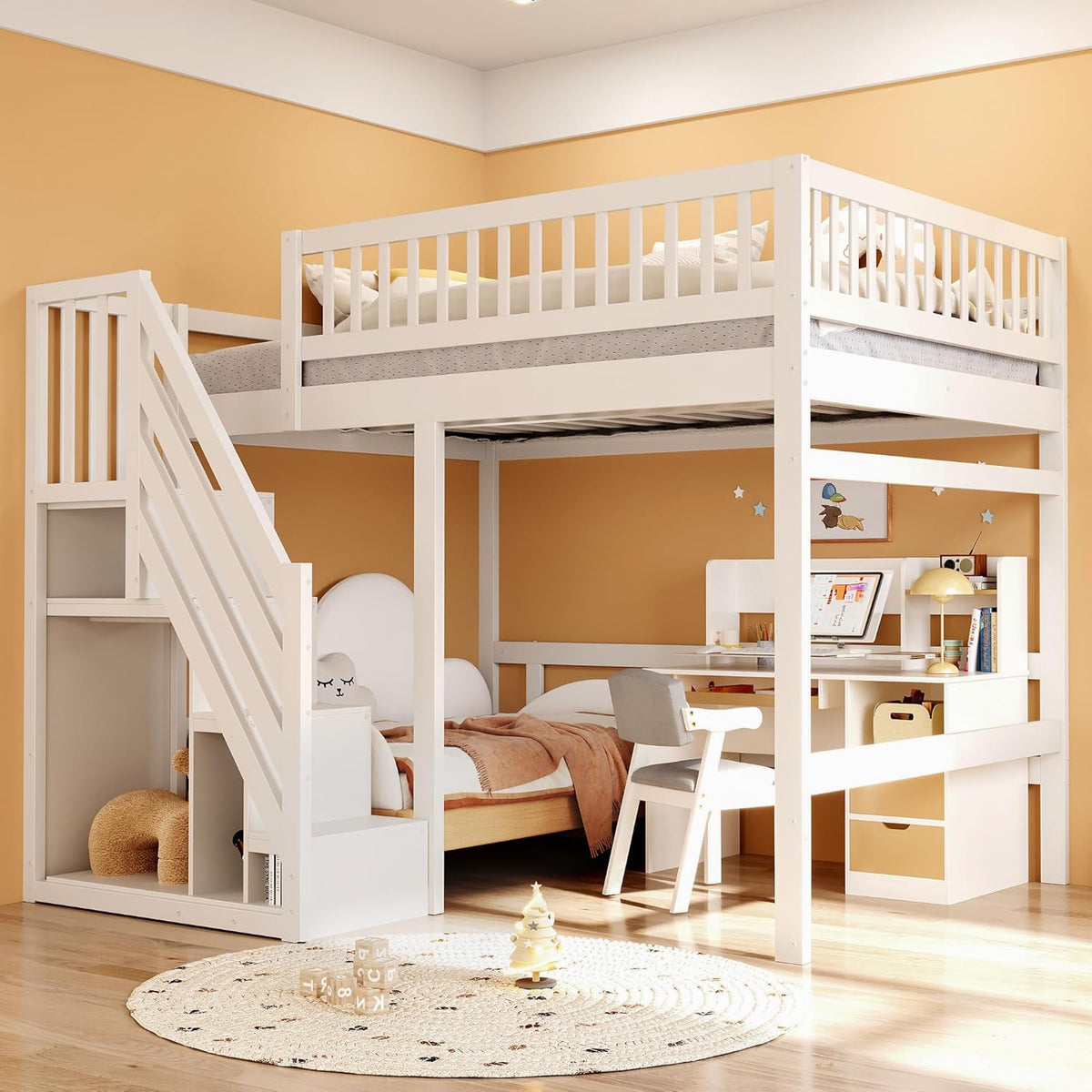 Kinderbett Etagenbett 140x200, Hochbett mit Treppe und Aufbewahrungsschrank, Multifunktionsbett Stockbett Spielbett Kinderhochbett Jugendhochbett mit Lattenrost & Rausfallschutz, Ohne Matratze, Weiß