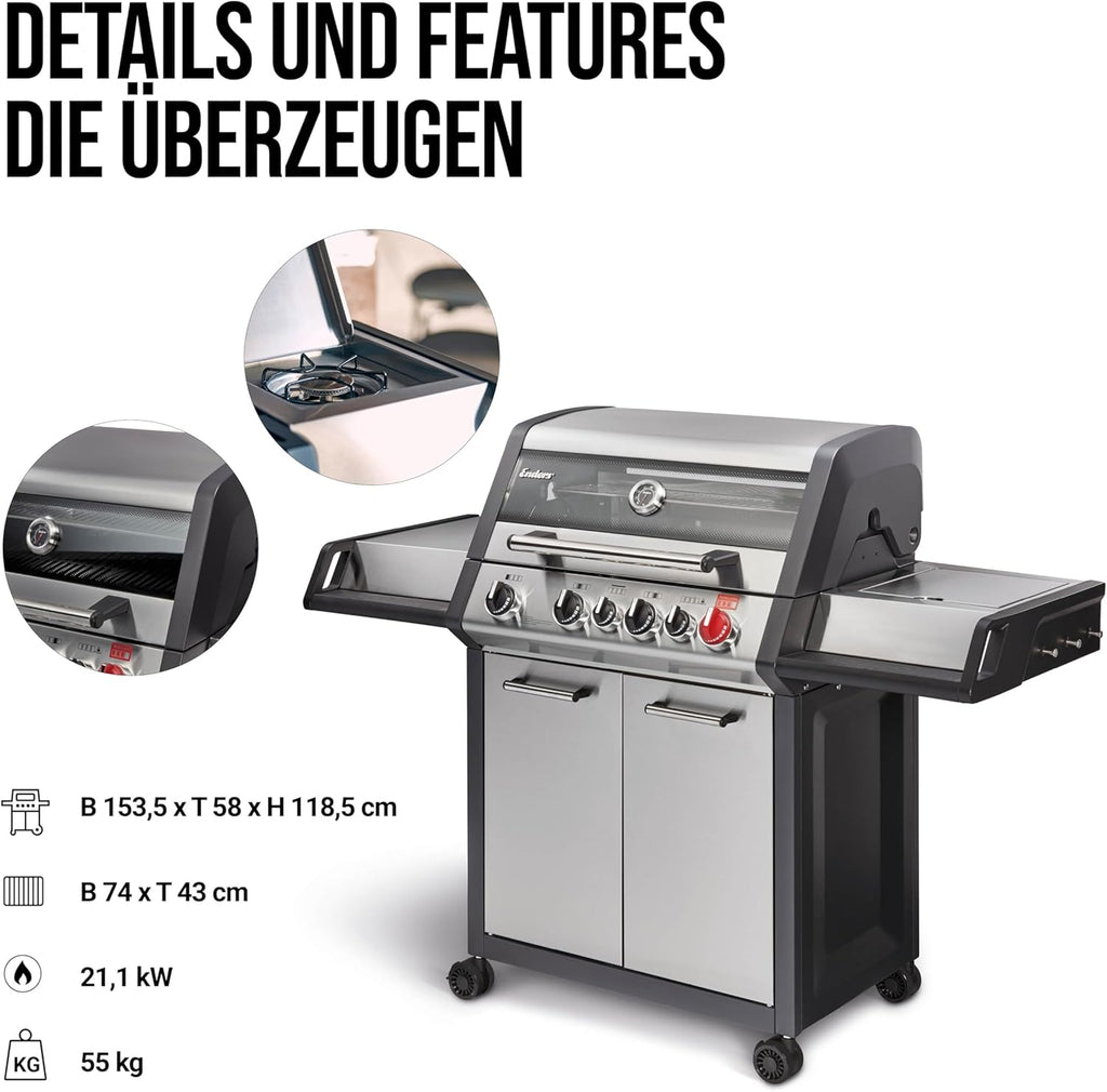 Enders® Gasgrill MONROE PRO 3 SIK TURBO, 3-Edelstahlbrenner, Seitenkocher, Infrarot-Backburner, PanoVision Sicht, HEAT RANGE™-Brenner, SWITCH GRID™, 800 °C TURBO ZONE™, SIMPLE CLEAN™ #8376