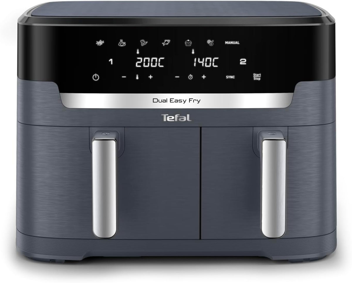 Tefal Dual Easy Fry Heißluftfritteuse Doppelkammer, 5,2/3,1 L Fassungsvermögen, zwei unabhängige Schubladen, 7 automatische Programme, energiesparend, schwarz, EY9018