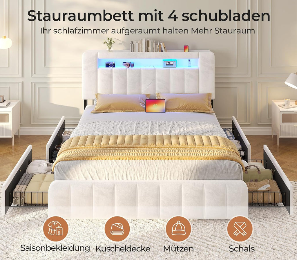 AOGLLATI Polsterbett 160x200 cm mit Stauraum - 4 Schubladen, Doppelbett mit LED-Beleuchtung & Ladestation, Bettgestell mit Kopfteil aus Samt, Bett mit Lattenrost ohne Matratze