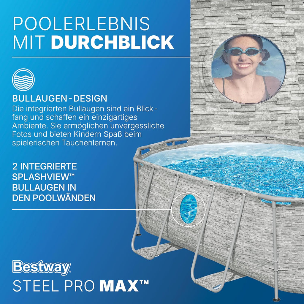 Bestway Power Steel Swim Vista Series Frame Pool Komplett-Set mit Filterpumpe 427 x 250 x 100 cm, Steinwand-Optik (Cremegrau), oval