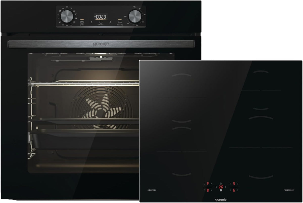Gorenje Black Induction Set 2, Kombination aus autarkem Kochfeld GI6401BSC und Einbau-Backofen BOS6737E06BG, 77L, Made in Europe, ExtraSteam, AirFry, PizzaMode 300°C, PerfectGrill, schwarz