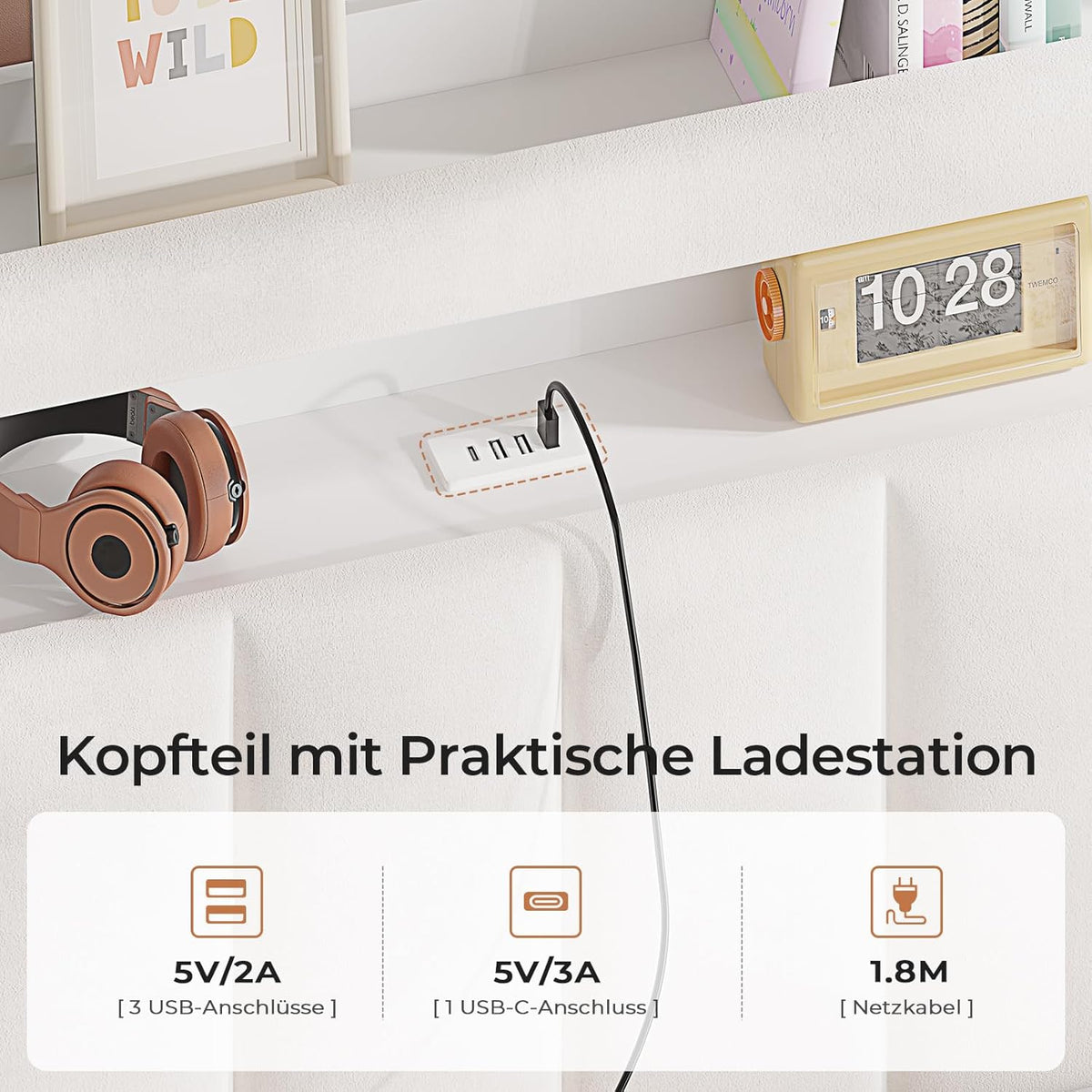 AOGLLATI Polsterbett 160x200 cm mit Stauraum - 4 Schubladen, Doppelbett mit LED-Beleuchtung & Ladestation, Bettgestell mit Kopfteil aus Samt, Bett mit Lattenrost ohne Matratze