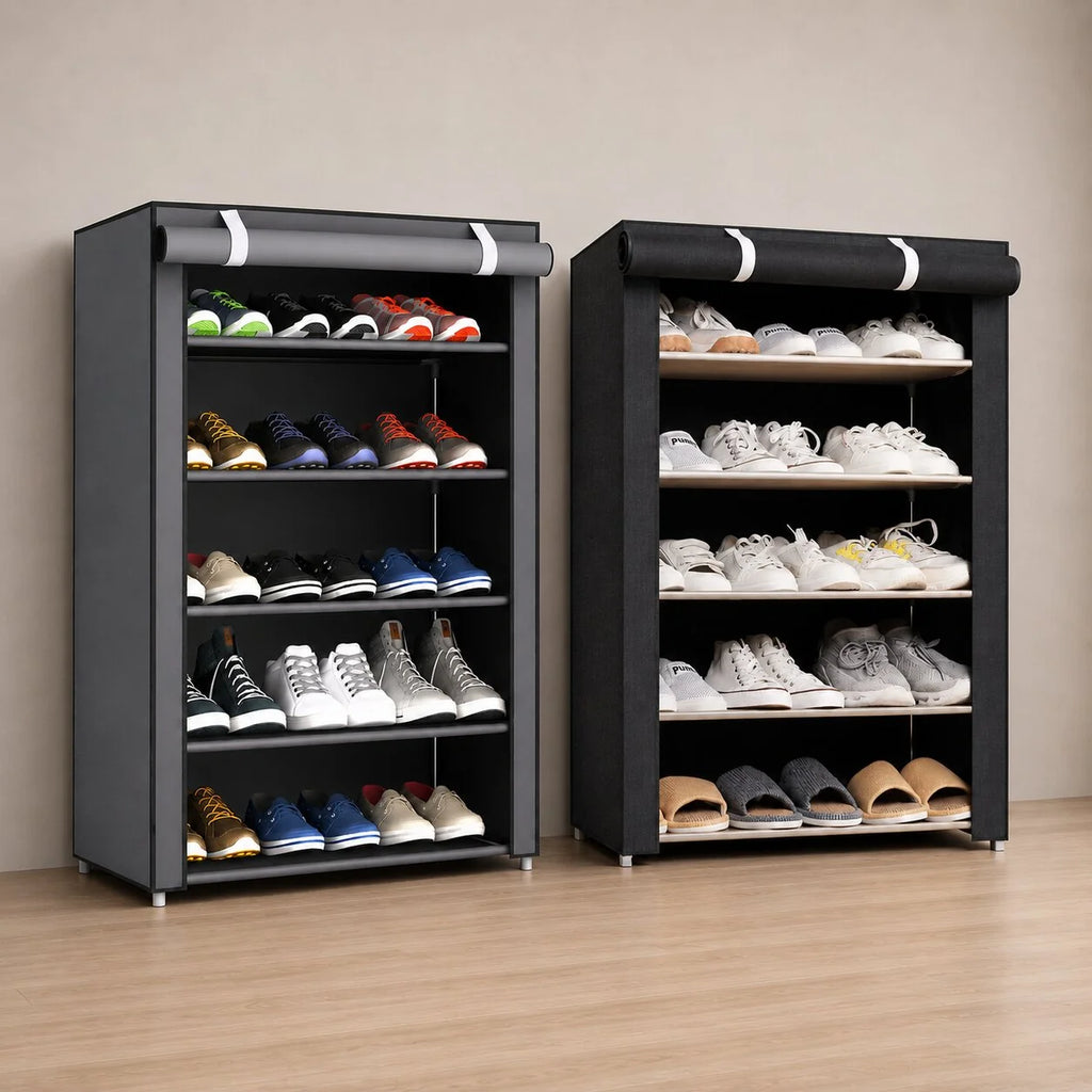Freistehender Schuhschrank mit Stoffbezug | Schuhvitrine