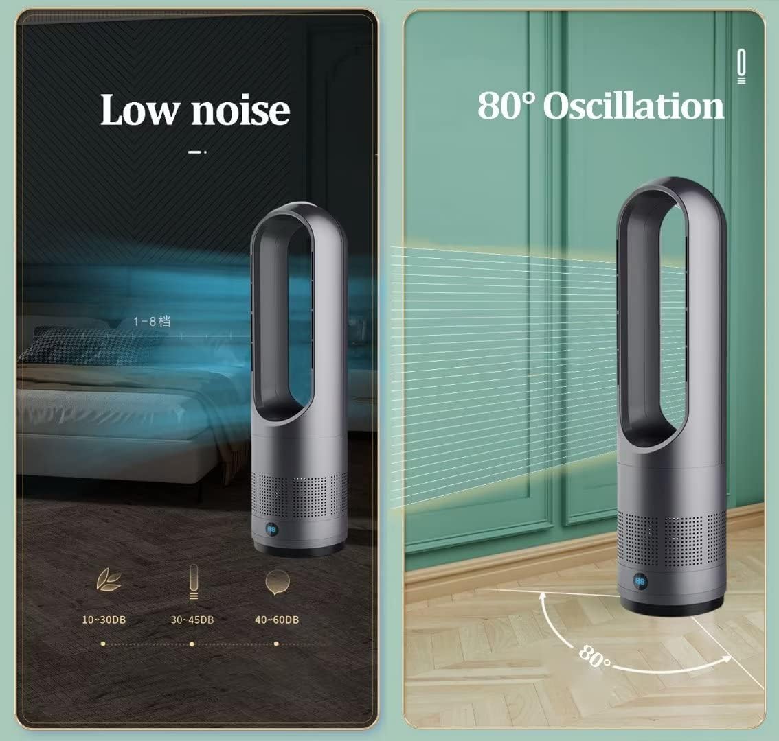 Moderner Turmventilator ohne Flügel, 40 W, natürliche Windkühlung, 80 ° Oszillation mit Fernbedienung, 8 Geschwindigkeitsstufen, 8 Stunden Timer, LED-Anzeige, leise