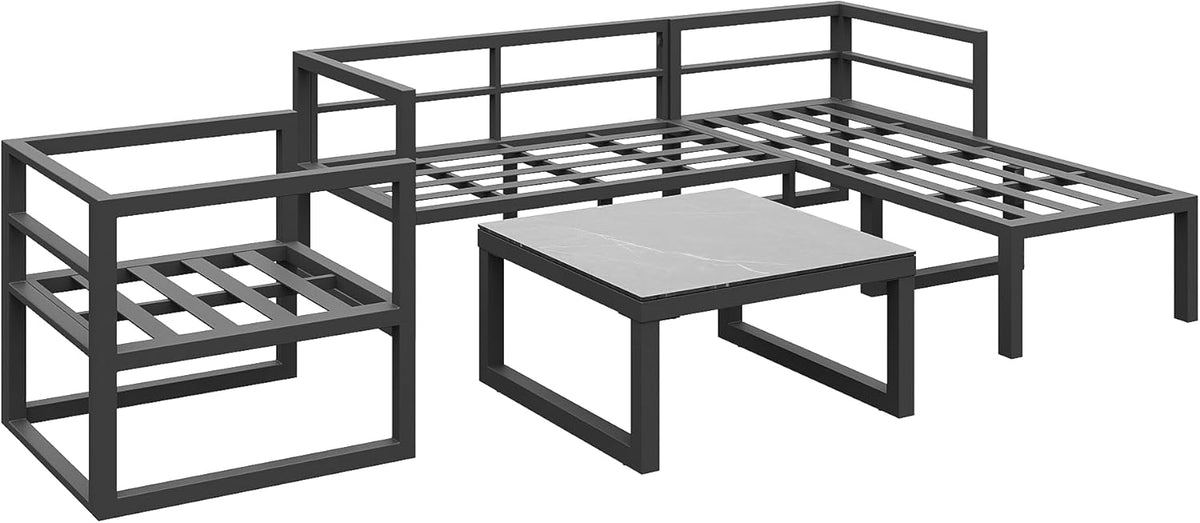 Kayan Gartenlounge Set für 4-5 Personen, Lounge Gartenmöbel Set mit Ecksofa, Sessel und Couchtisch, Balkonmöbel Wetterfest mit verzinktem Eisengestell und Kissen, verstellbare Füße, Grau