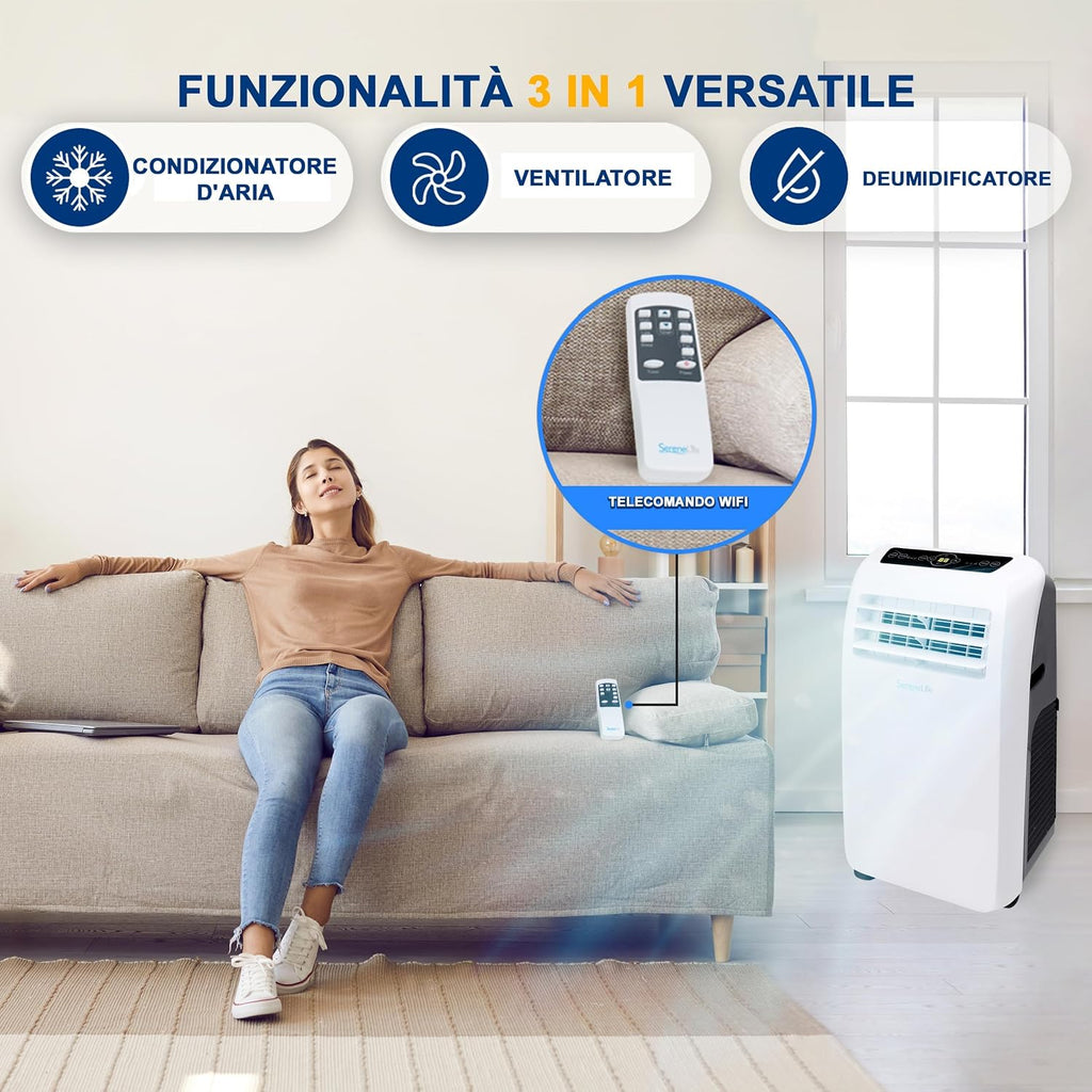SereneLife Mobile Klimaanlage 4 kW 9000 BTU – L52 dB Leises Klimagerät für Schlafzimmer bis 20 m², Angenehme Kühlung an heißen Tagen, mit Entfeuchter, Lüfter & Fernbedienung