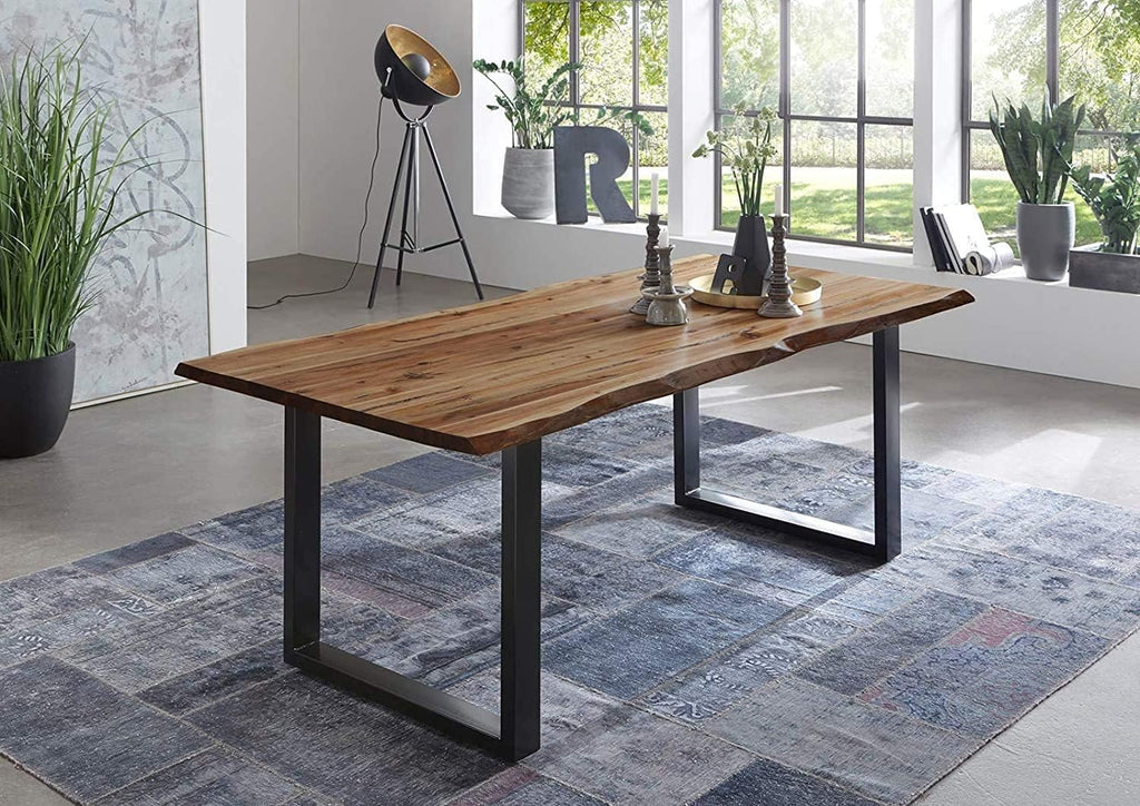 SAM Baumkantentisch 160x85 cm Mephisto, Akazienholz massiv + naturfarben lackiert, Esstisch mit schwarz lackiertem U-Gestell, Esszimmertisch/Holztisch, Tischplatte 26 mm