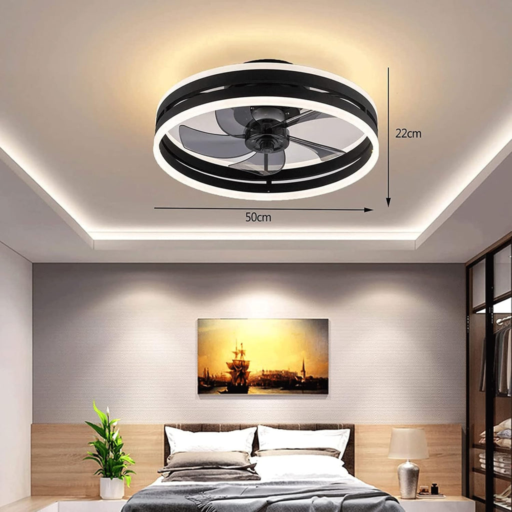 Leise Deckenventilator Mit Beleuchtung 50W Dimmbare Deckenleuchte Mit Fernbedienung Und APP 6 Geschwindigkeiten Lampe Mit Ventilator Timer Schlafzimmer Wohnzimmer Licht Schwarz,40cm