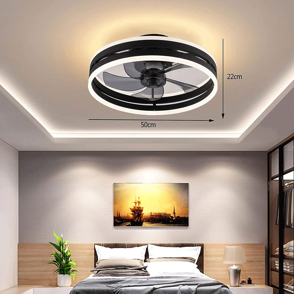 Leise Deckenventilator Mit Beleuchtung 50W Dimmbare Deckenleuchte Mit Fernbedienung Und APP 6 Geschwindigkeiten Lampe Mit Ventilator Timer Schlafzimmer Wohnzimmer Licht Schwarz,40cm