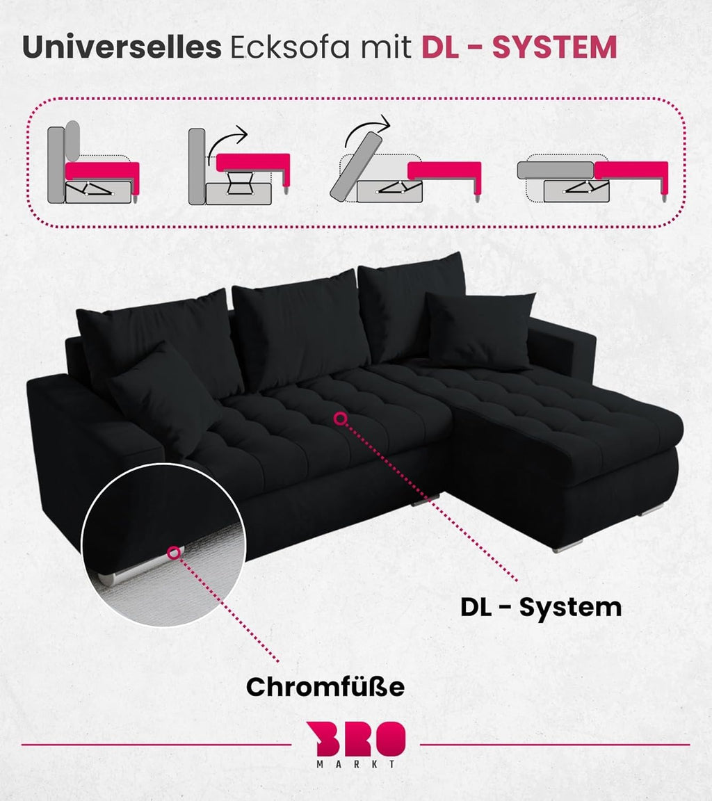 BROMARKT Sofa mit Schlaffunktion Ecksofa L-Form Schlafsofa Couch Bettkasten Wohnzimmer Möbel LUIS Couch 3 Sitzer Bett mit Bezugbehalter 238x150x72 Graphite