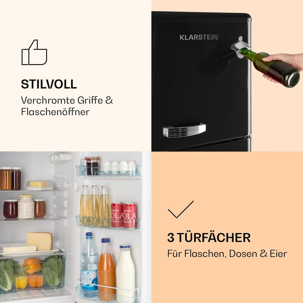 Klarstein Audrey Retro – Retro-Kühl-/Gefrierkombination, Kühl- und Gefrierschrank, Kühlschrank, stufenlos einstellbare Kühlleistung, Innenbeleuchtung, 41 dB Betriebsgeräusch, Schwarz