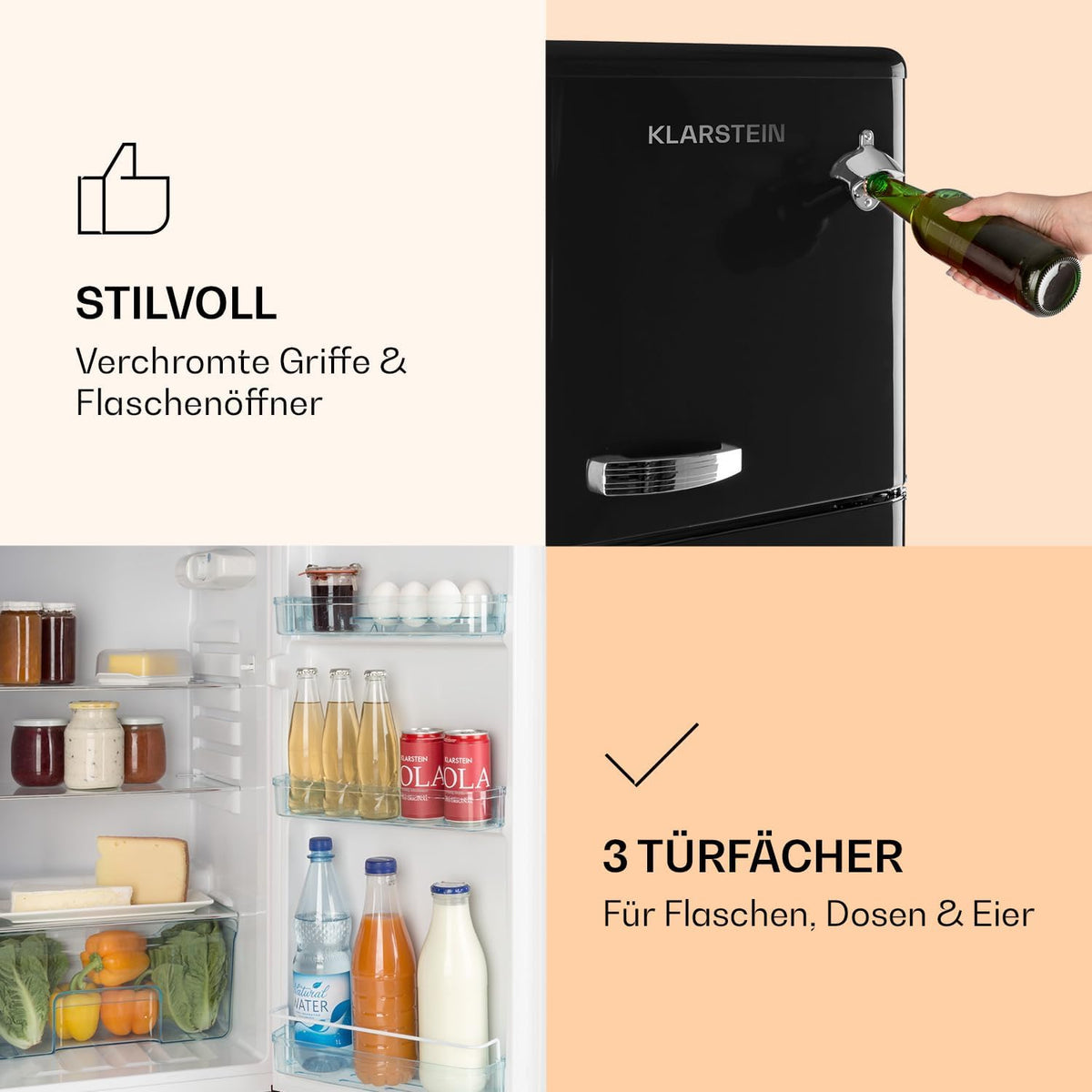 Klarstein Audrey Retro – Retro-Kühl-/Gefrierkombination, Kühl- und Gefrierschrank, Kühlschrank, stufenlos einstellbare Kühlleistung, Innenbeleuchtung, 41 dB Betriebsgeräusch, Schwarz