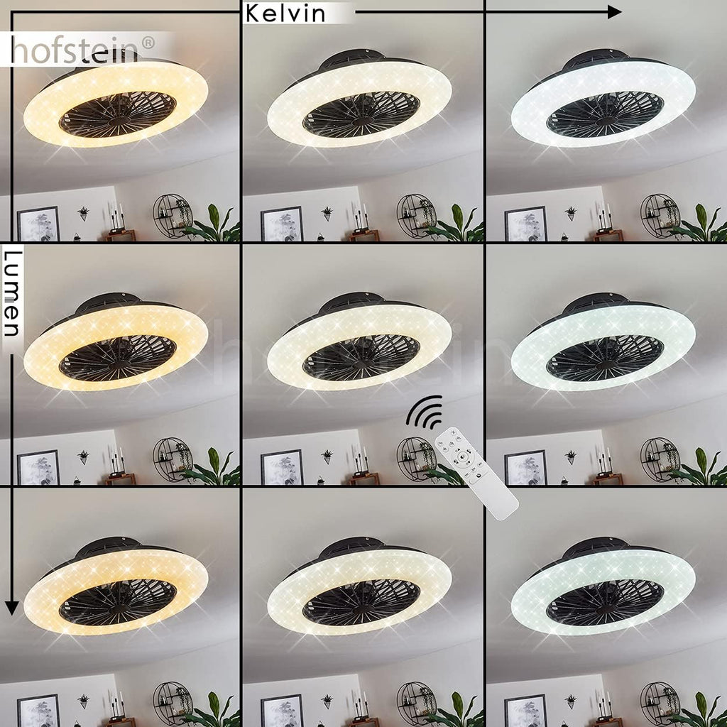 LED Deckenventilator Piraeus, Deckenlampe mit Ventilator aus Metall und Kunststoff in Schwarz und Weiß, über Fernbedienung dimmbar, Timer und Nachtlicht, 30 Watt, 2200 Lumen, 3000-6500 Kelvin