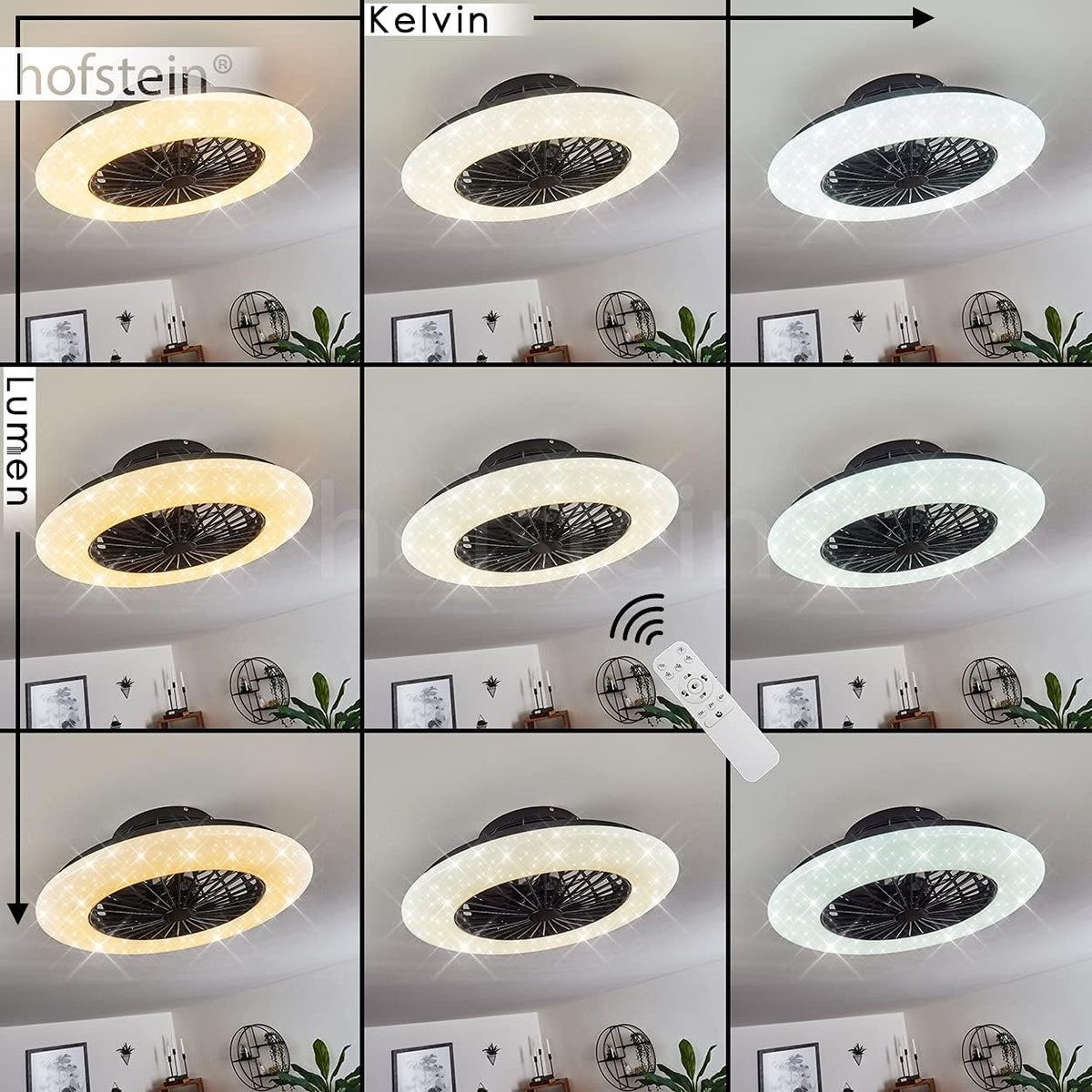 LED Deckenventilator Piraeus, Deckenlampe mit Ventilator aus Metall und Kunststoff in Schwarz und Weiß, über Fernbedienung dimmbar, Timer und Nachtlicht, 30 Watt, 2200 Lumen, 3000-6500 Kelvin