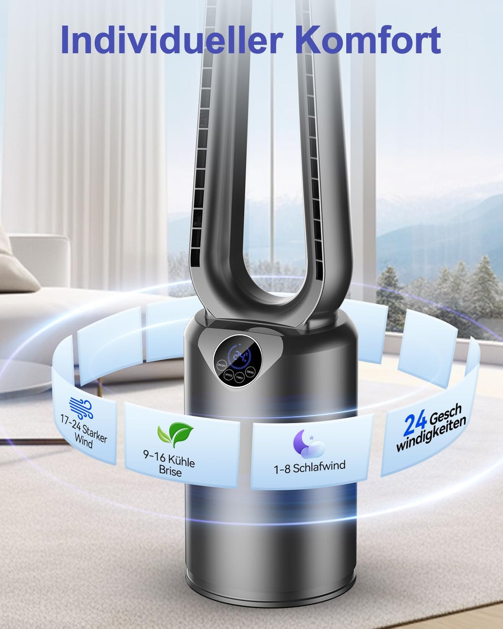 Turmventilator mit Luftreiniger & Fernbedienung | Sehr Leiser DC-Motor Ventilator | 90° oszillierende, 24 Geschwindigstufen, 3 Modi, LED-Display, 12h Timer, Standventilator für Luftzirkulation