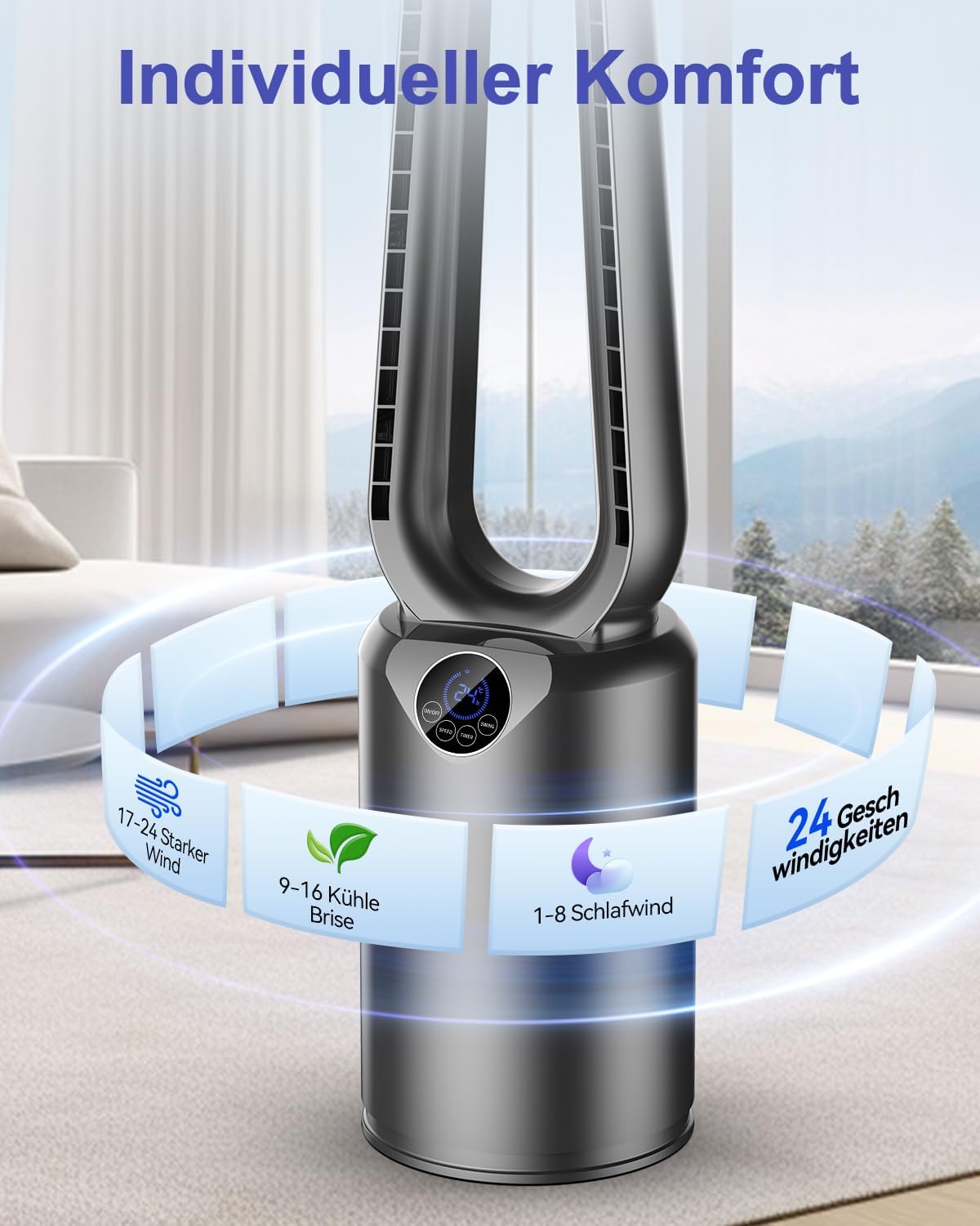 Turmventilator mit Luftreiniger & Fernbedienung | Sehr Leiser DC-Motor Ventilator | 90° oszillierende, 24 Geschwindigstufen, 3 Modi, LED-Display, 12h Timer, Standventilator für Luftzirkulation