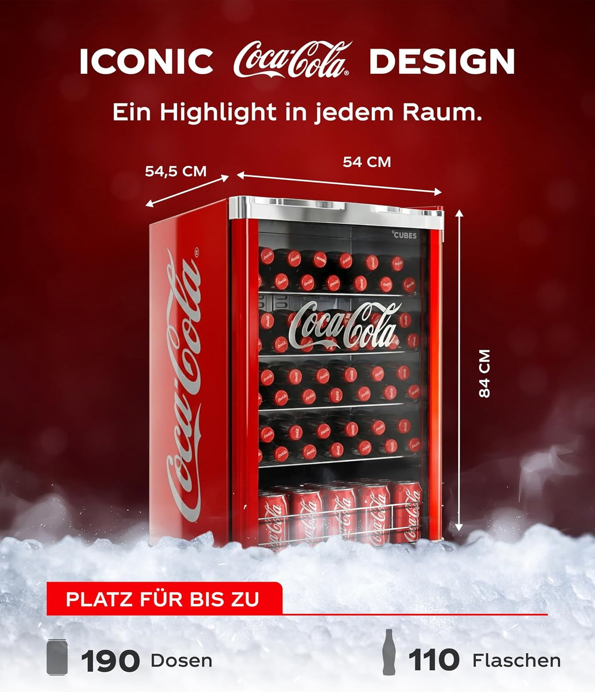 °CUBES Coca Cola Kühlschrank 115L | Getränkekühlschrank groß mit Glastür, perfekt für Partys & Gewerbe | Energieeffizient, 84,5 cm hoch, 104 kWh/Jahr - Flaschenkühlschrank groß