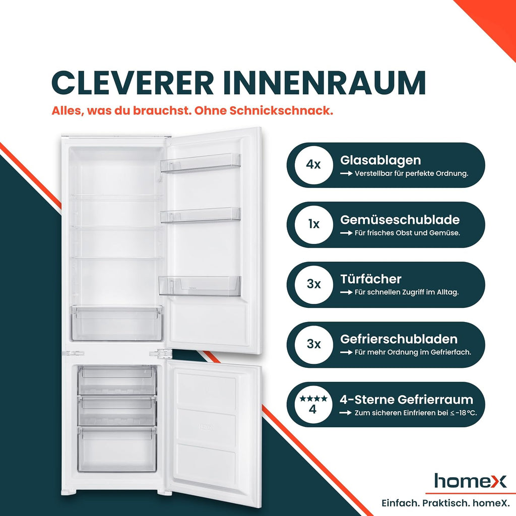 homeX CFB2491E Einbaukühlschrank mit Gefrierfach, Einbau Kühl Gefrierkombination, 178cm Nische - 249 Liter, Schlepptürtechnik, LED-Beleuchtung, leise 39 dB, Türanschlag wechselbar, 4-Sterne Gefrieren