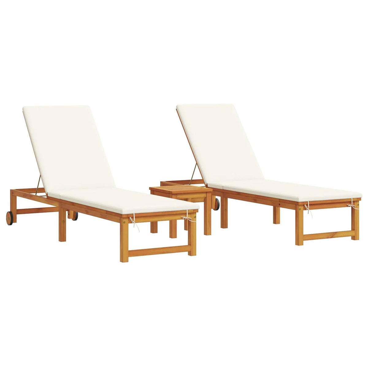 2025 Tumbonas 2 pcs con Mesa y Cojines de Madera Maciza de Acacia, Tumbona con Cojines Crema de Madera Maciza de Acacia, Mesa Lateral de Jardín 35x35x34 cm de Madera Maciza de Acacia V8526